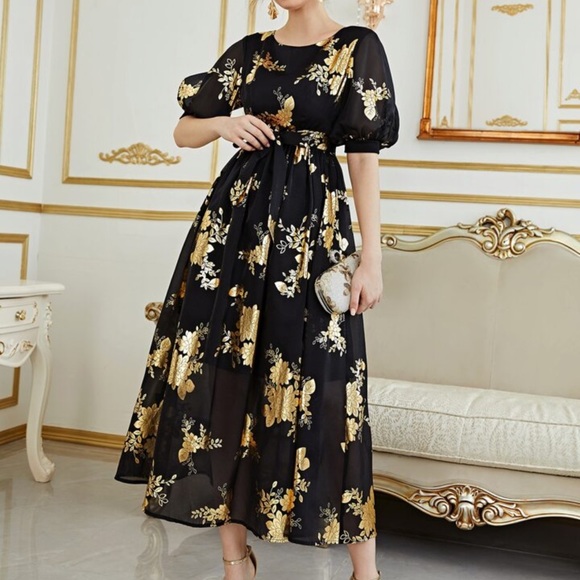 SHEIN Modely Gold Floral Print Lantern Sleeve Belted Dress Size S - Picture 2 of 12